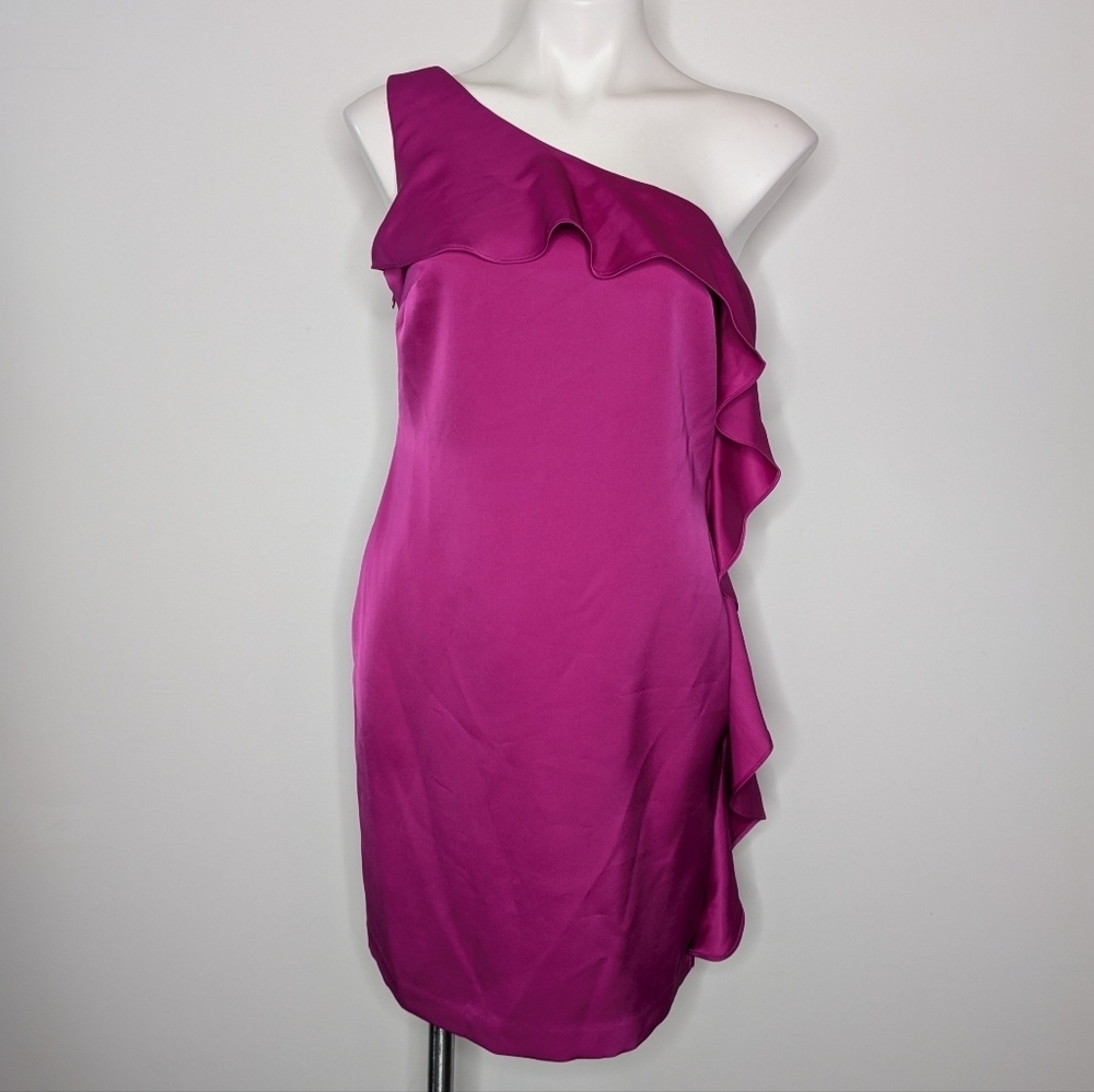 Nine West Pink Satin One Shoulder Ruffle Sleeveless Knee Length Dress 4